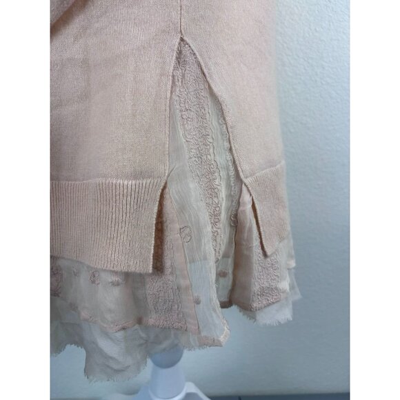 Garnet Hill women's XS soft pink long sleeve cashmere lace layered tunic sweater - Picture 2 of 7